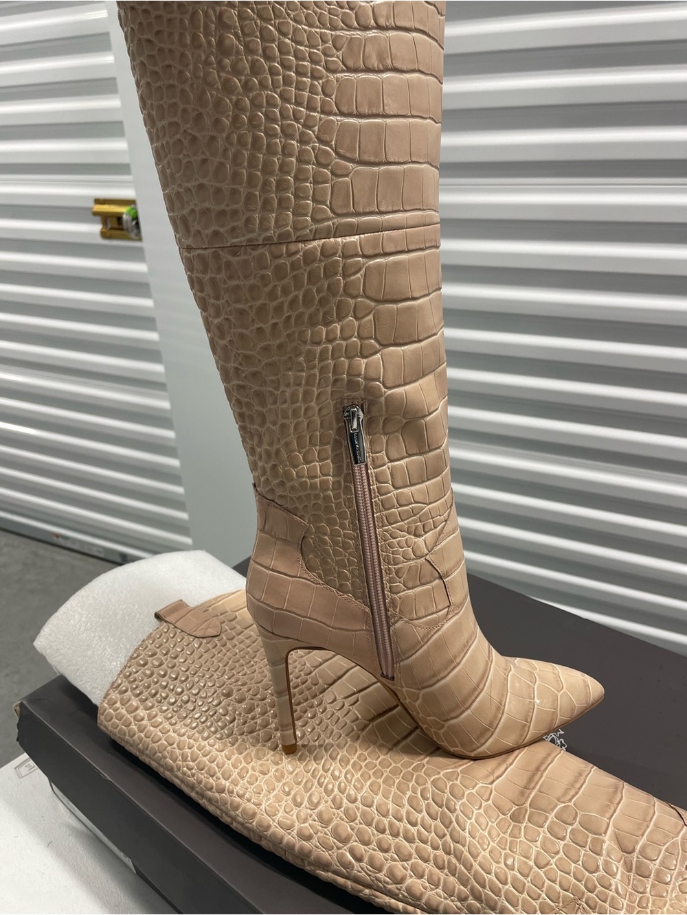 Vince Camuto Beige Croc-Embossed Over-the-Knee Pointed-Toe Stiletto Boots - Picture 4 of 5